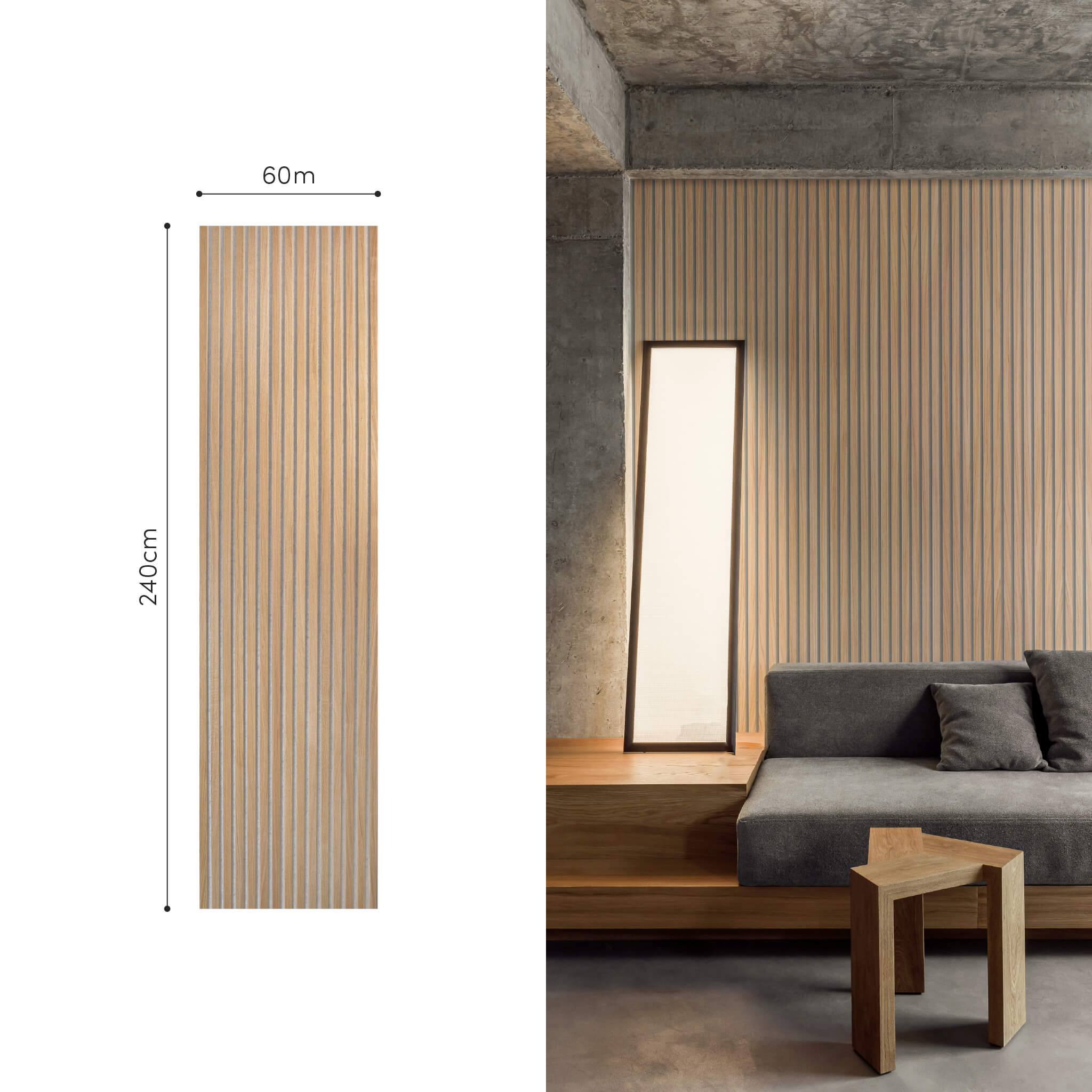 Panel Acústico Walleu 240 x 60cm | Roble Natural Fieltro Gris