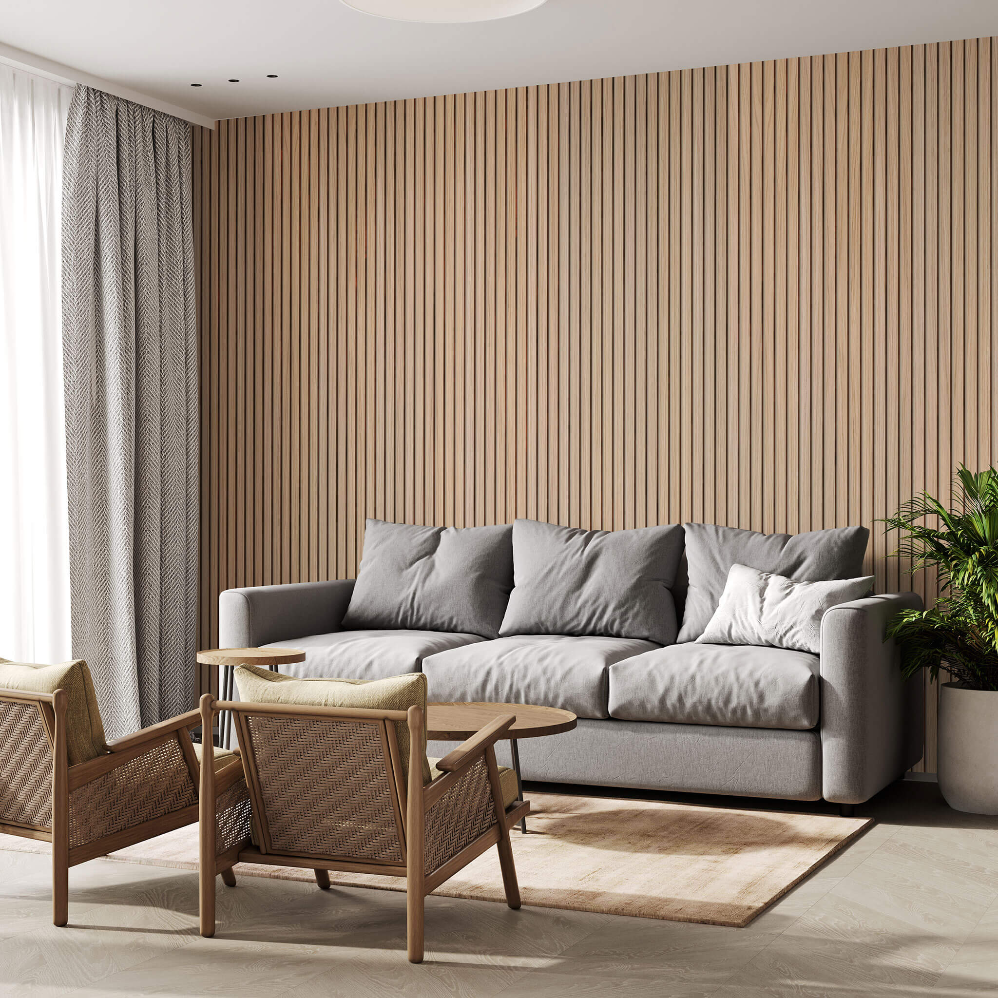 Painel Acústico Walleu 240 x 60cm | Carvalho Natural - Núcleo Preto - Feltro Beige