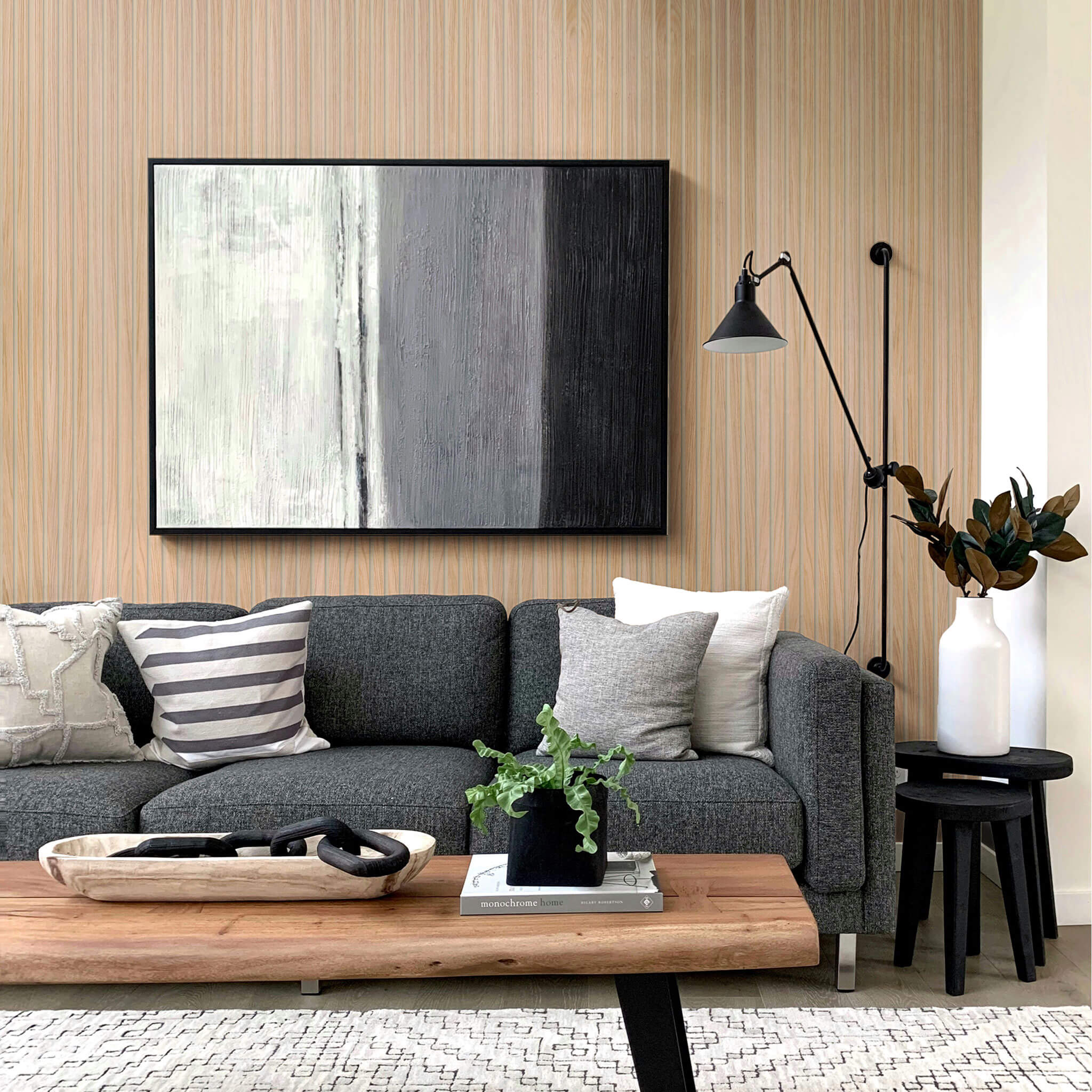 Painel Acústico Walleu 240 x 60cm | Carvalho Natural - Núcleo Preto - Feltro Beige