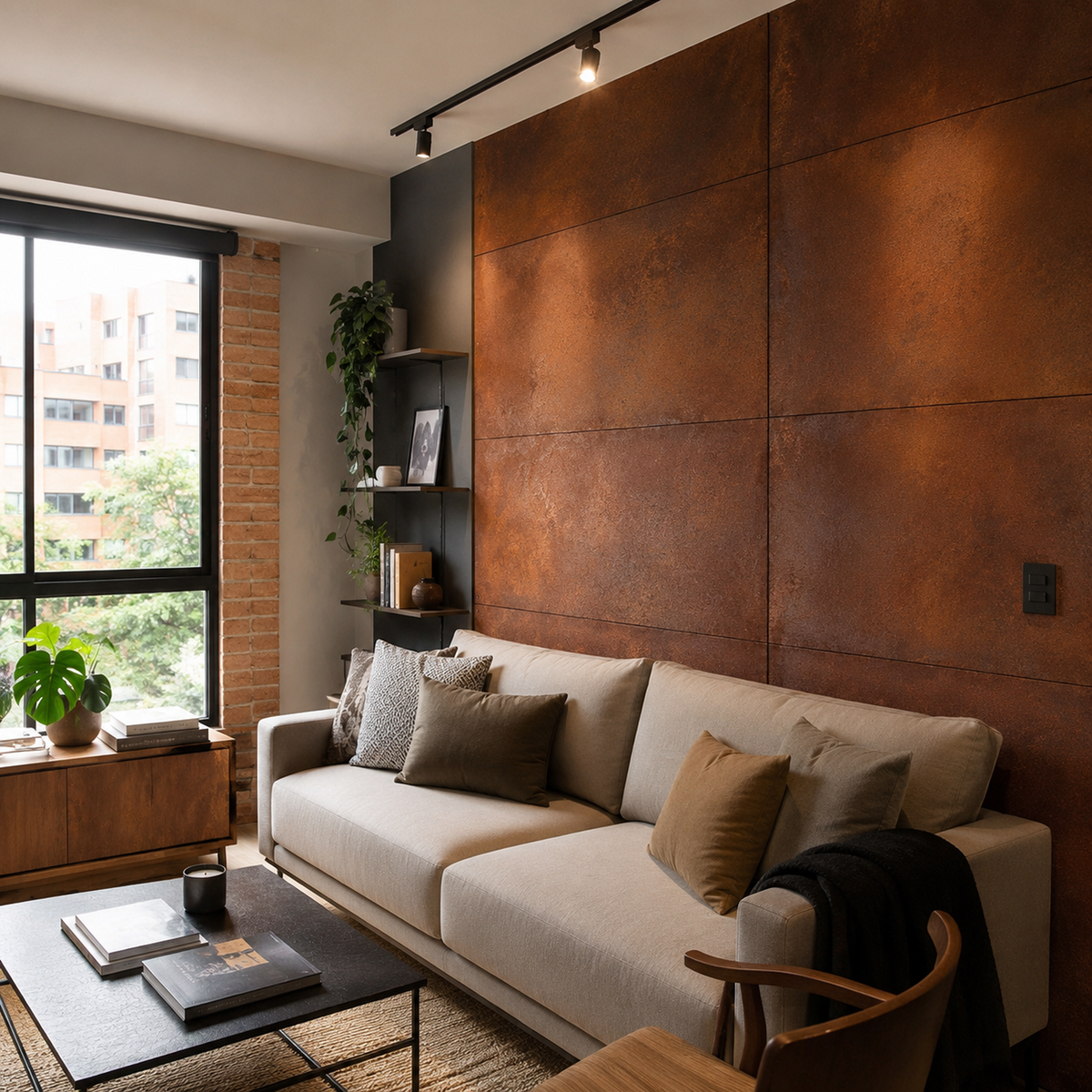 Sala de estar com parede em efeito aço corten envelhecido