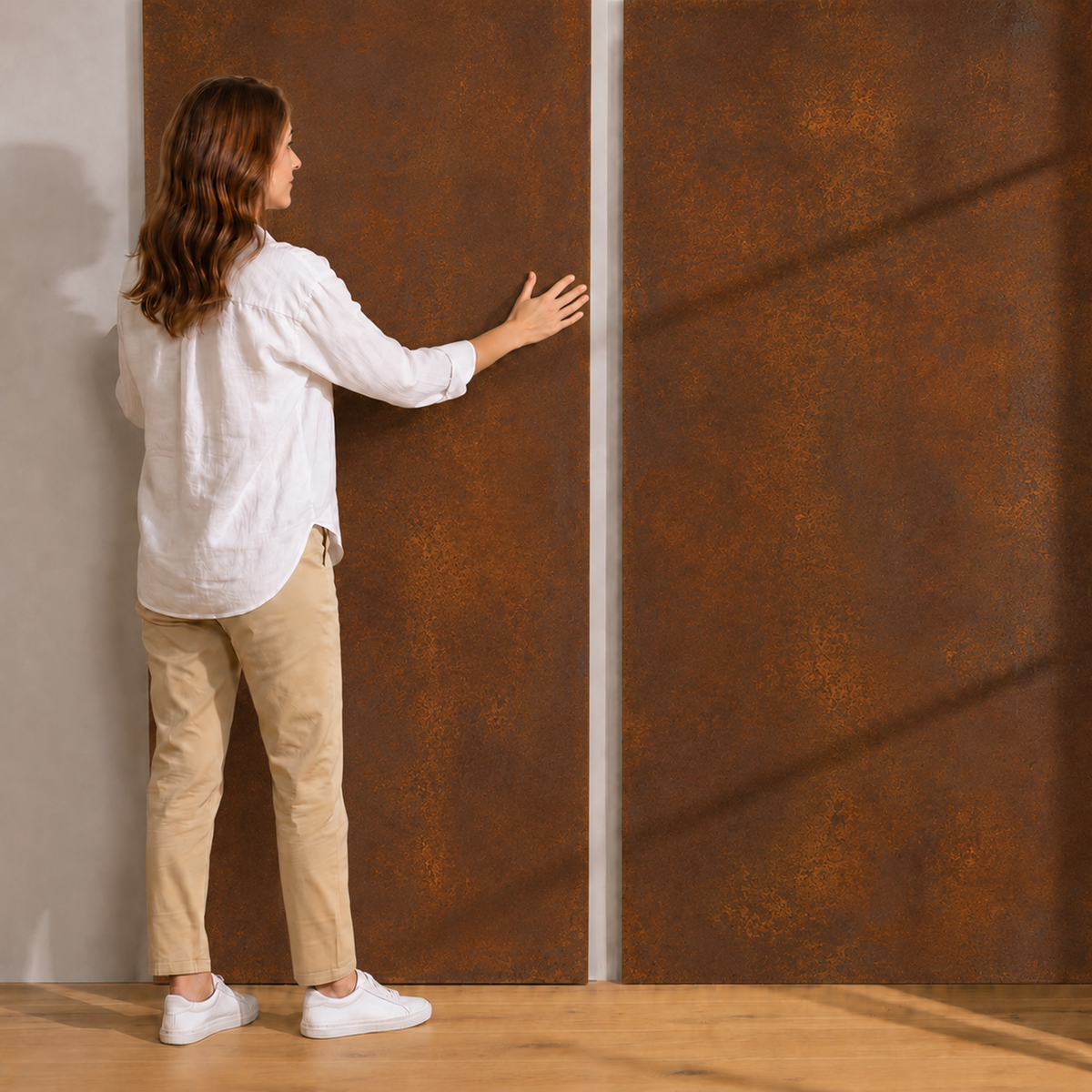 Mulher a tocar em folhas com efeito aço corten