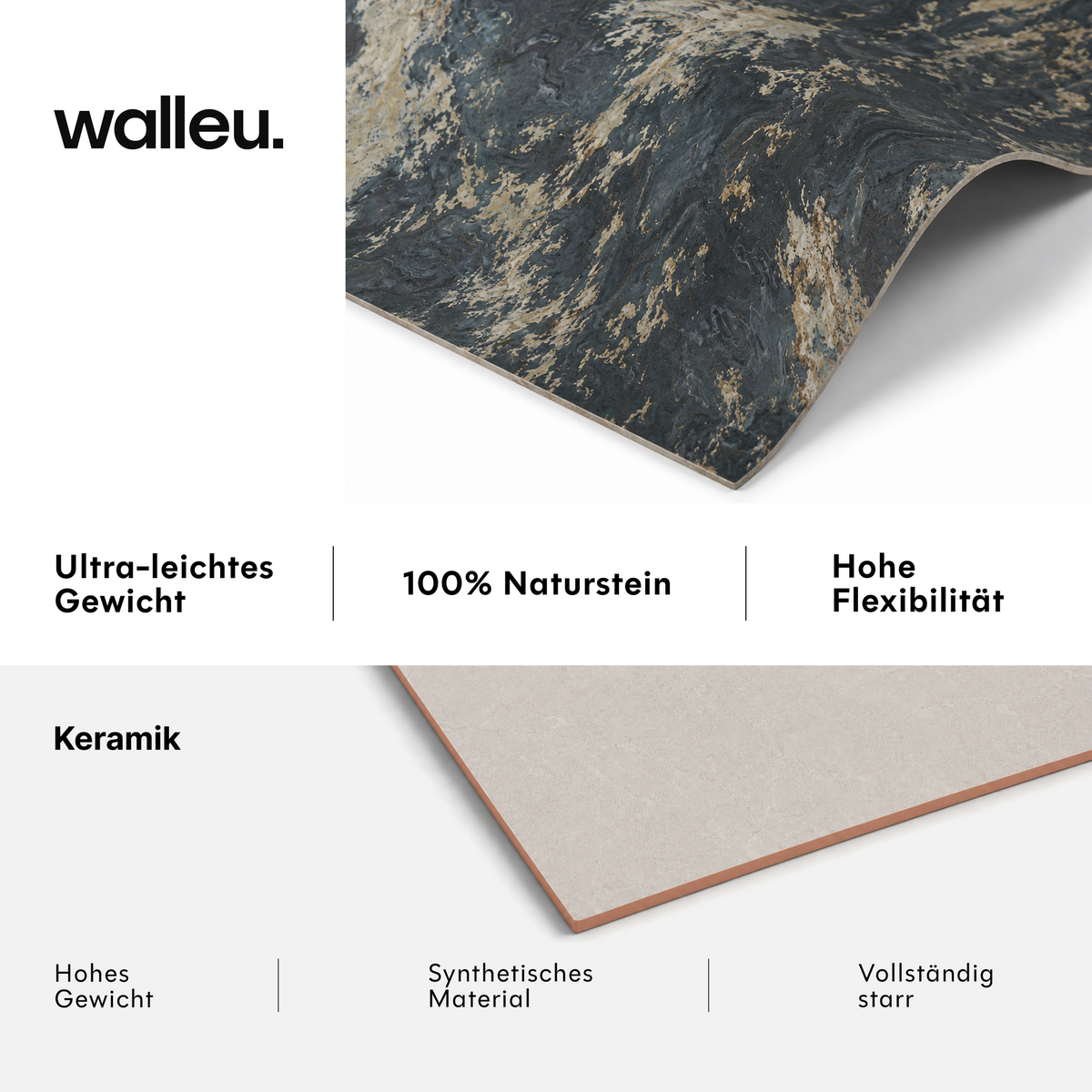Vergleich: Walleu-Platte ultraleicht, 100 % Naturstein und flexibel vs. Keramik schwer, synthetisch und starr #lang:de
