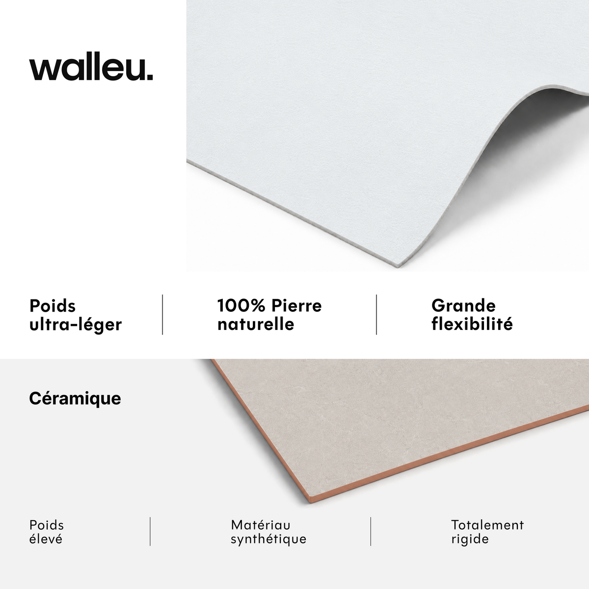 Comparatif : feuille Walleu ultralégère, 100 % pierre naturelle et flexible vs céramique lourde, synthétique et rigide #lang:fr