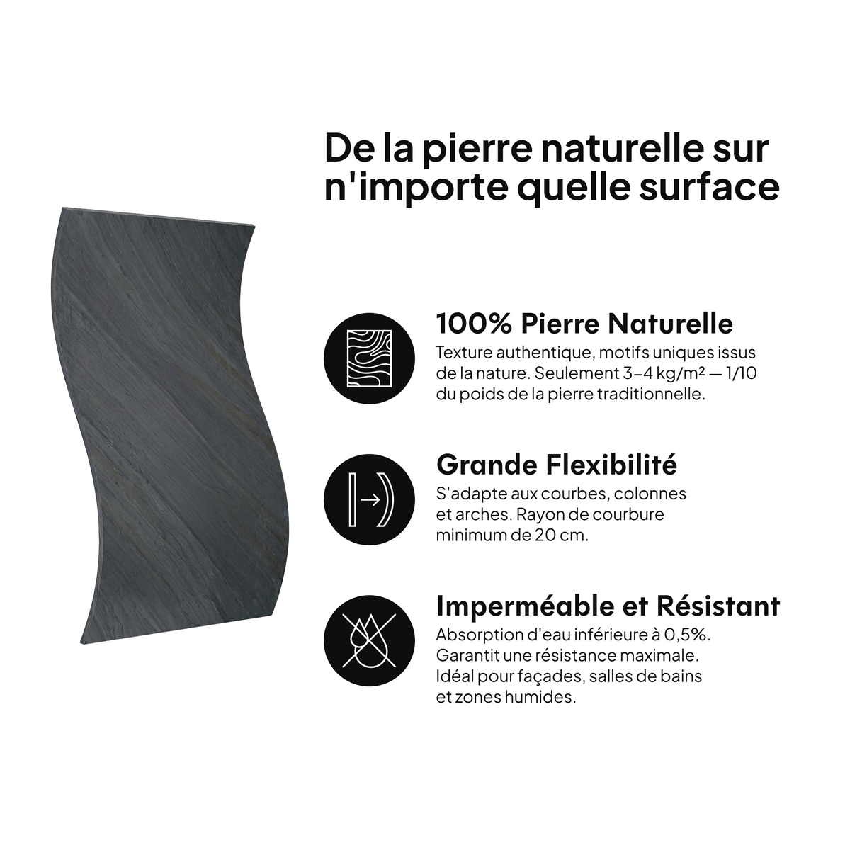 Pierre naturelle sur toute surface : 100 % pierre naturelle, grande flexibilité, imperméable et résistante #lang:fr