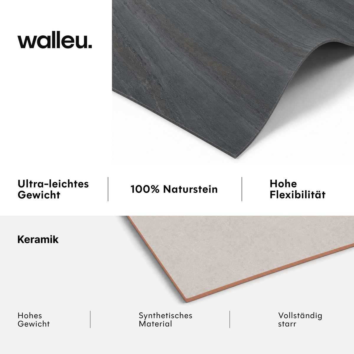 Vergleich: Walleu-Platte ultraleicht, 100 % Naturstein und flexibel vs. Keramik schwer, synthetisch und starr #lang:de