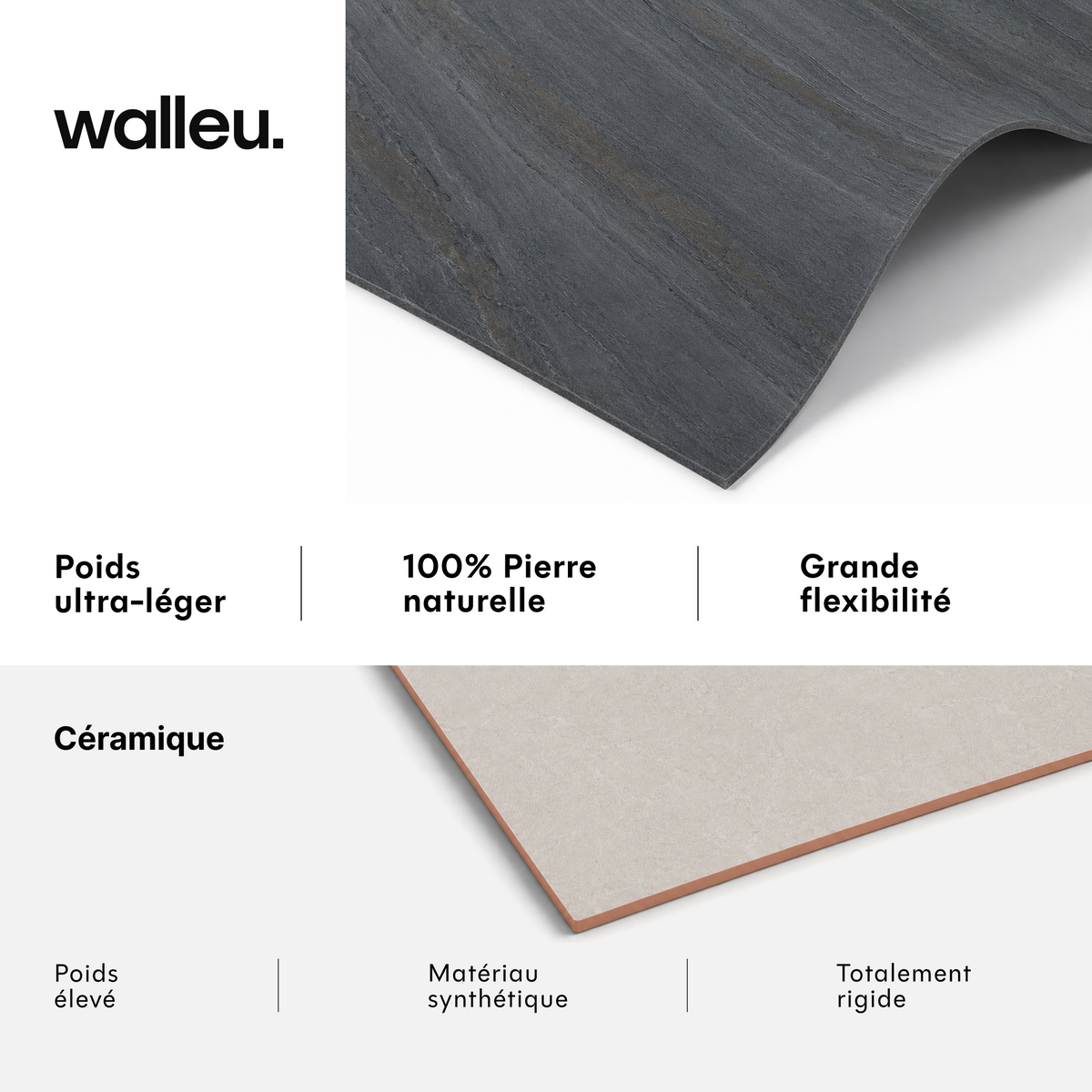 Comparatif : feuille Walleu ultralégère, 100 % pierre naturelle et flexible vs céramique lourde, synthétique et rigide #lang:fr