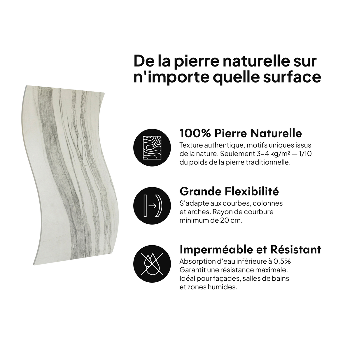 Pierre naturelle sur toute surface : 100 % pierre naturelle, grande flexibilité, imperméable et résistante #lang:fr
