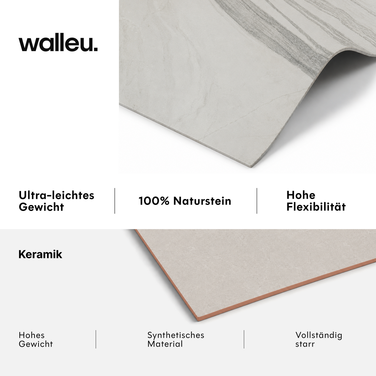 Vergleich: Walleu-Platte ultraleicht, 100 % Naturstein und flexibel vs. Keramik schwer, synthetisch und starr #lang:de