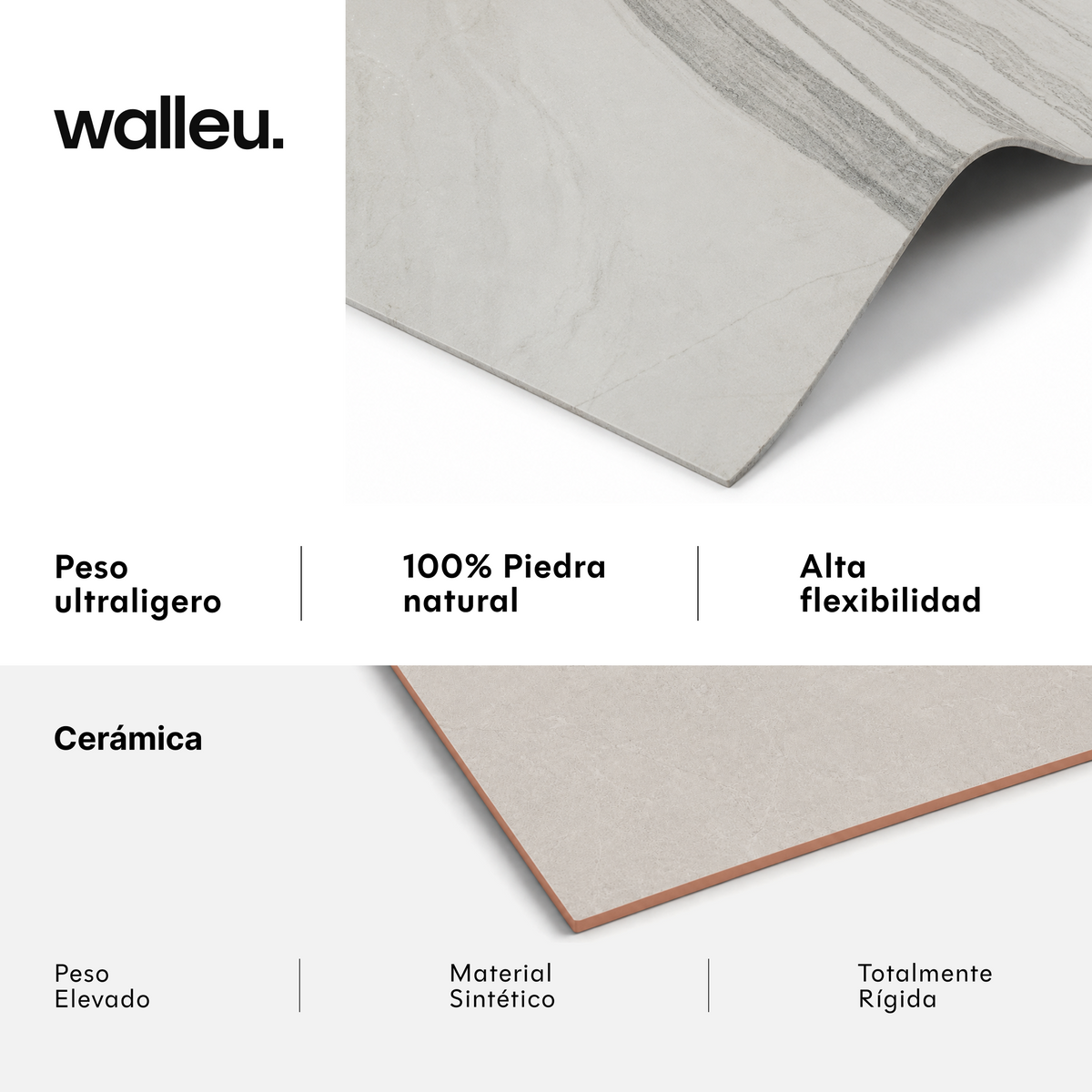 Comparativa: lámina Walleu ultraligera, 100% piedra natural y flexible vs cerámica pesada, sintética y rígida #lang:es