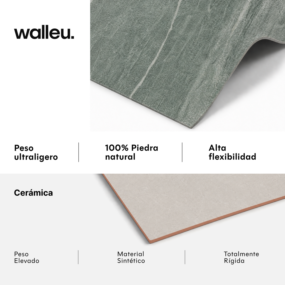 Comparativa: lámina Walleu ultraligera, 100% piedra natural y flexible vs cerámica pesada, sintética y rígida #lang:es