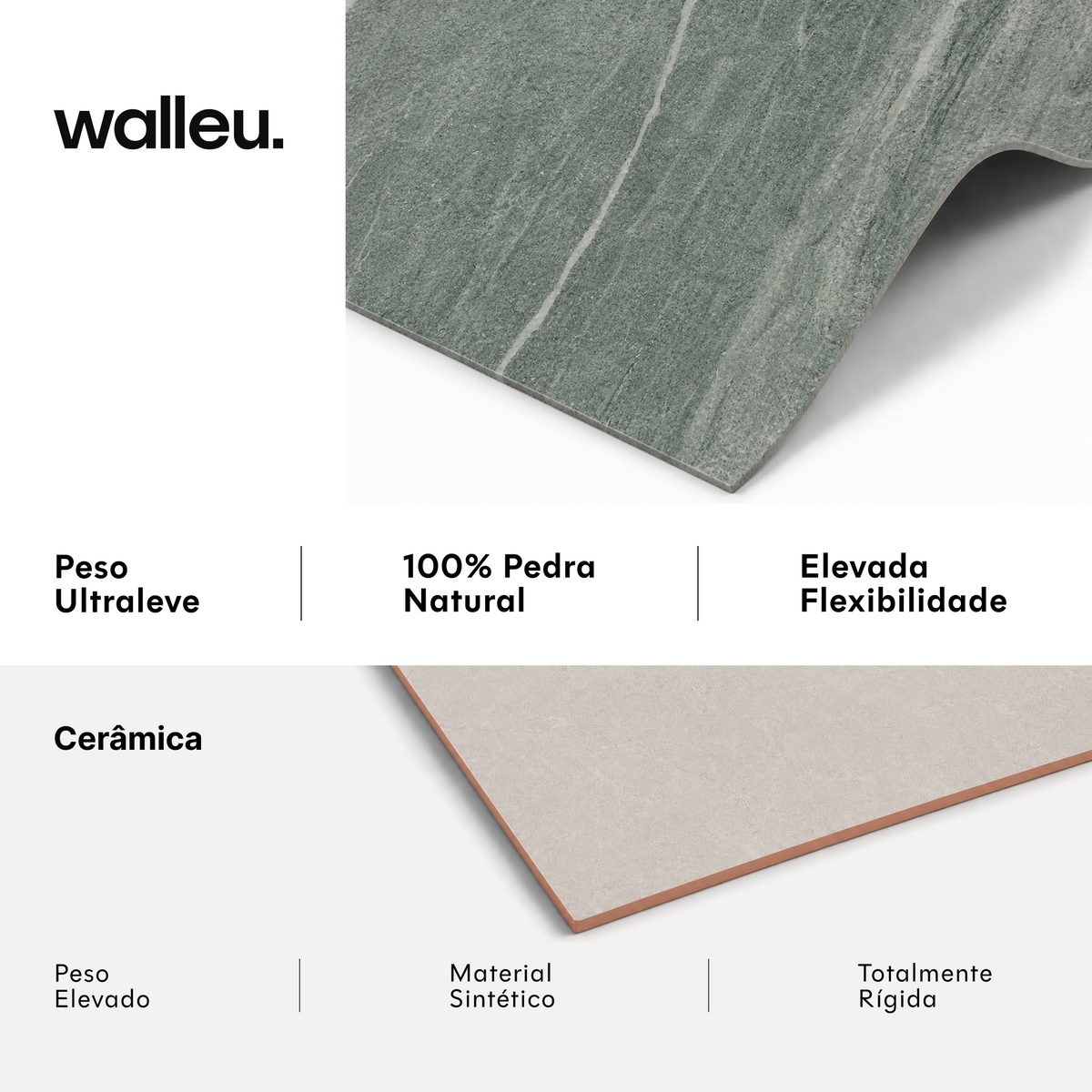Comparação: folha Walleu ultraleve, 100% pedra natural e flexível vs cerâmica pesada, sintética e rígida #lang:pt