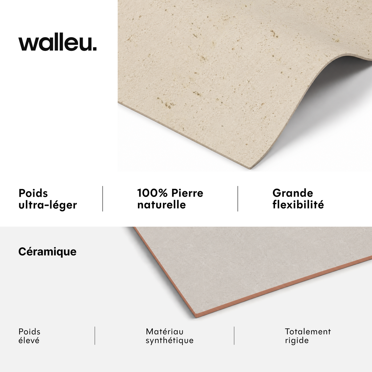 Comparatif : feuille Walleu ultralégère, 100 % pierre naturelle et flexible vs céramique lourde, synthétique et rigide #lang:fr