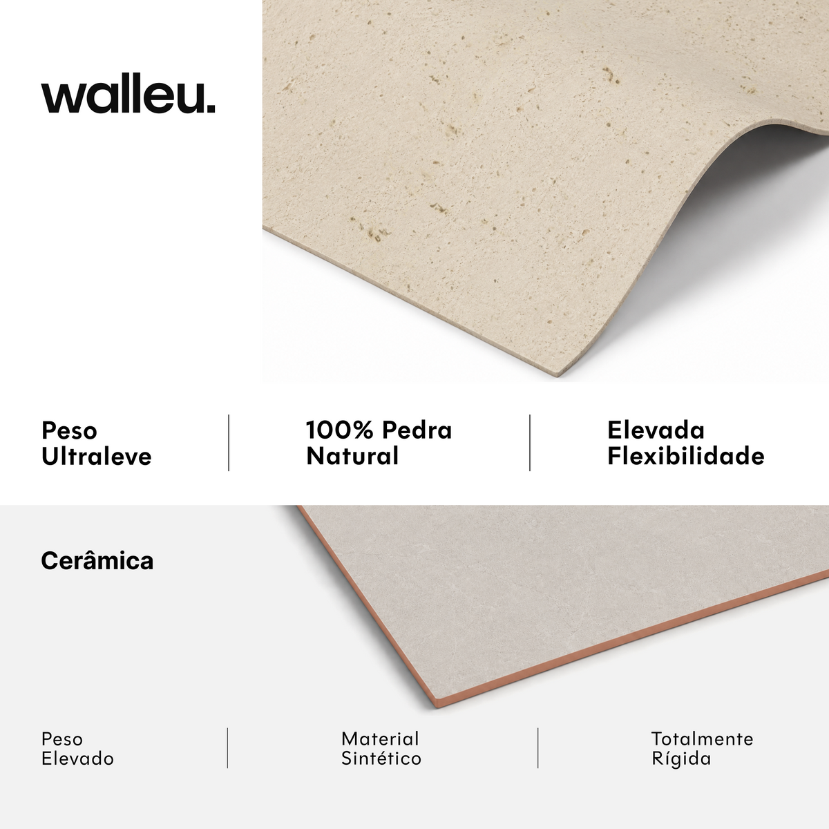 Comparação: folha Walleu ultraleve, 100% pedra natural e flexível vs cerâmica pesada, sintética e rígida #lang:pt