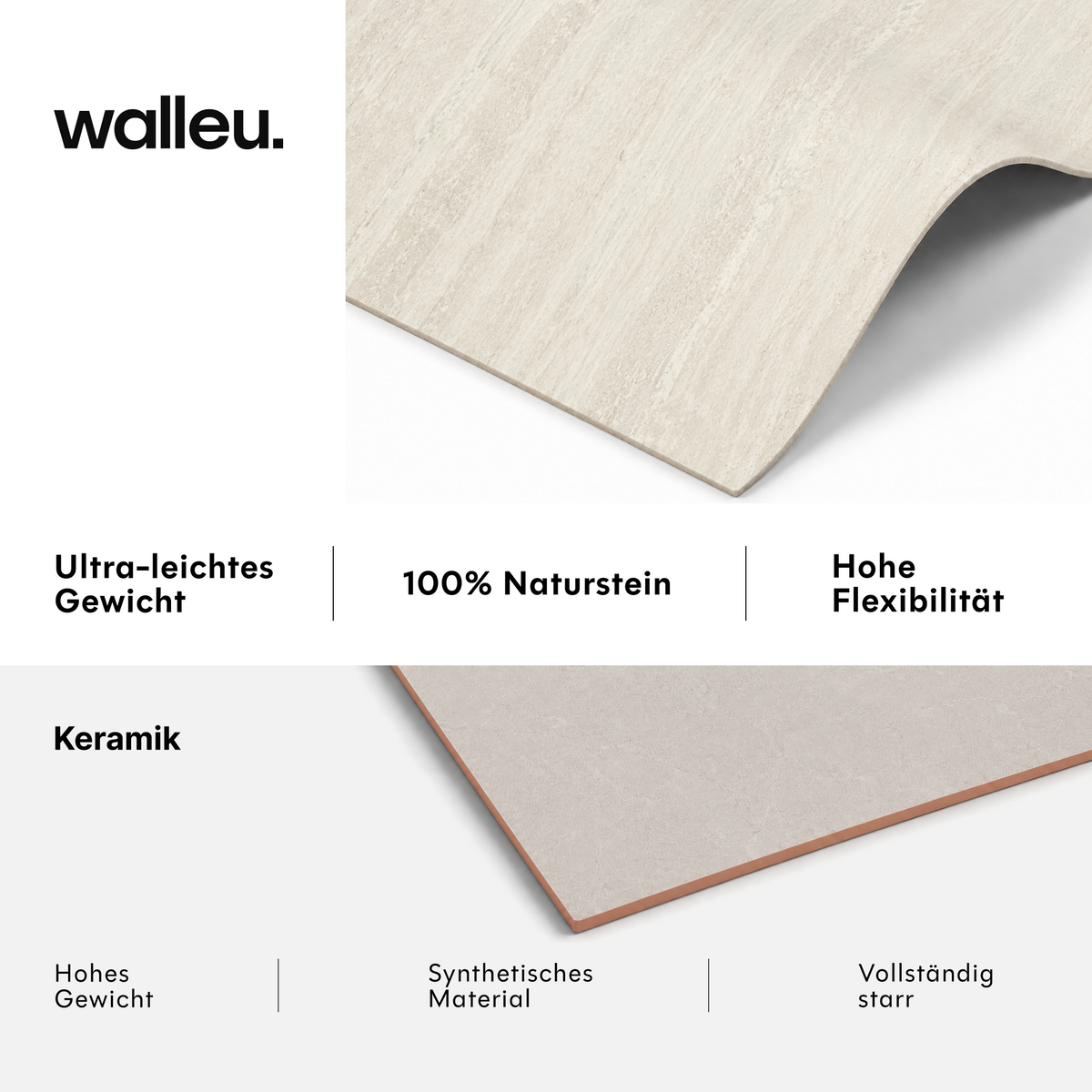 Vergleich: Walleu-Platte ultraleicht, 100 % Naturstein und flexibel vs. Keramik schwer, synthetisch und starr #lang:de