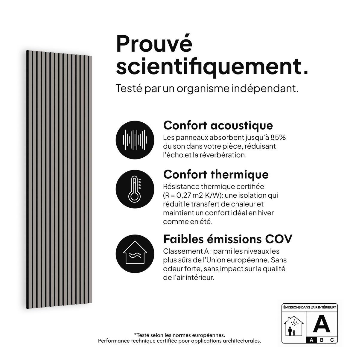 Panneau acoustique Cendré — prouvé scientifiquement : confort acoustique, confort thermique et faibles émissions COV #lang:fr