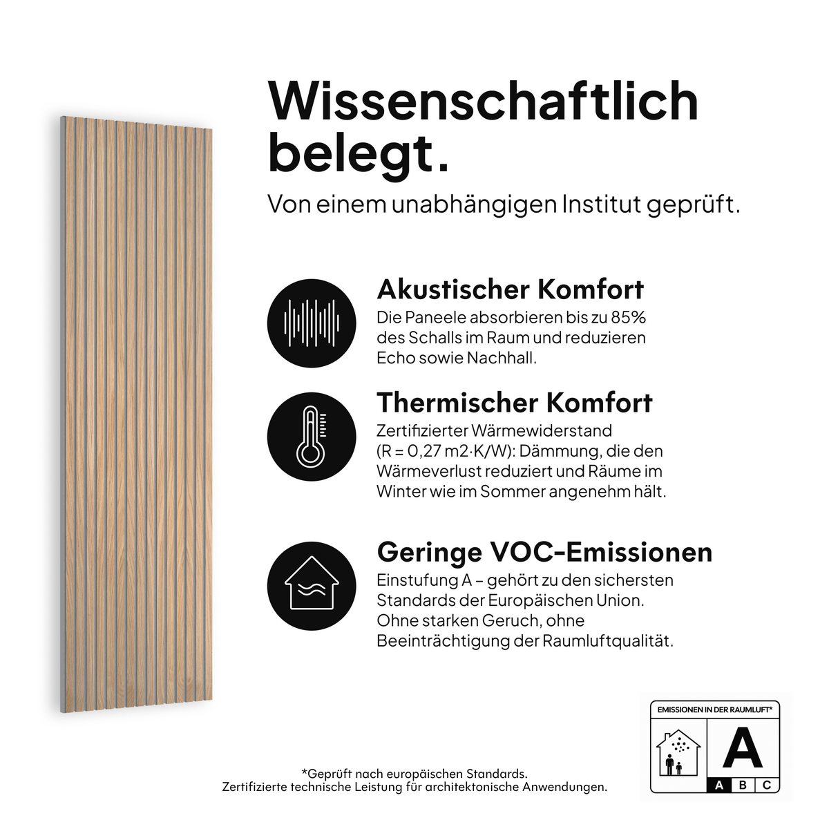 Akustikpaneel Natürliche Eiche Filz Grau — wissenschaftlich belegt: akustischer Komfort, thermischer Komfort und geringe VOC-Emissionen #lang:de