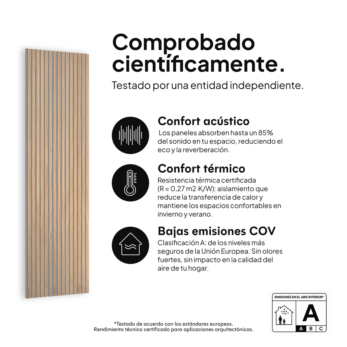 Panel acústico Roble Natural Fieltro Gris — comprobado científicamente: confort acústico, confort térmico y bajas emisiones COV #lang:es