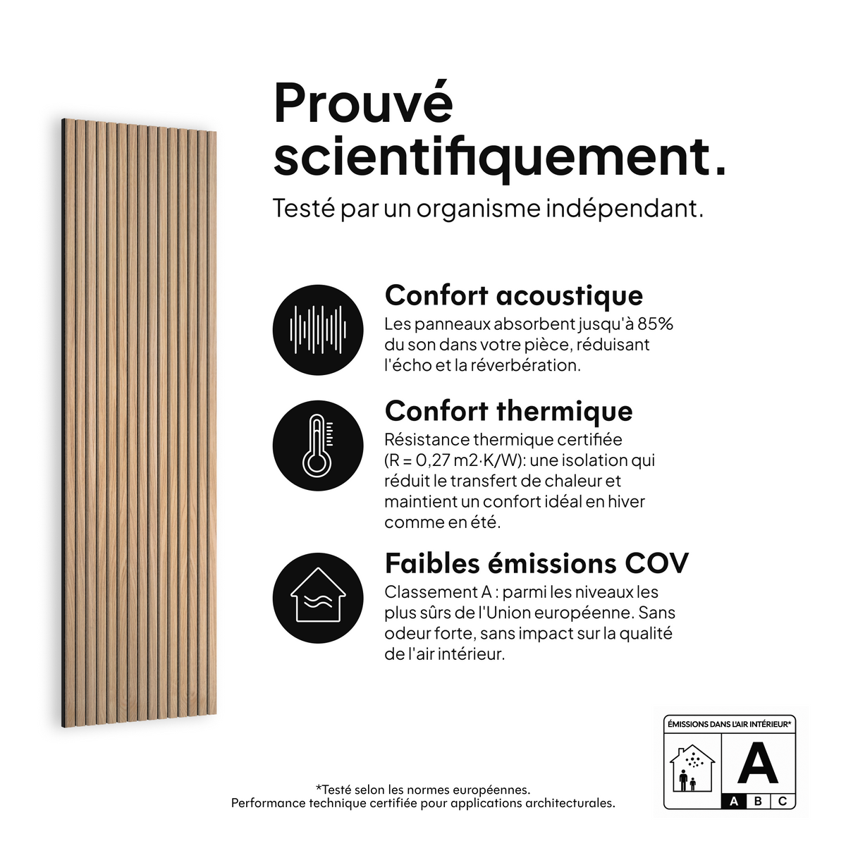 Panneau acoustique Chêne Naturel Feutre Noir — prouvé scientifiquement : confort acoustique, confort thermique et faibles émissions COV #lang:fr