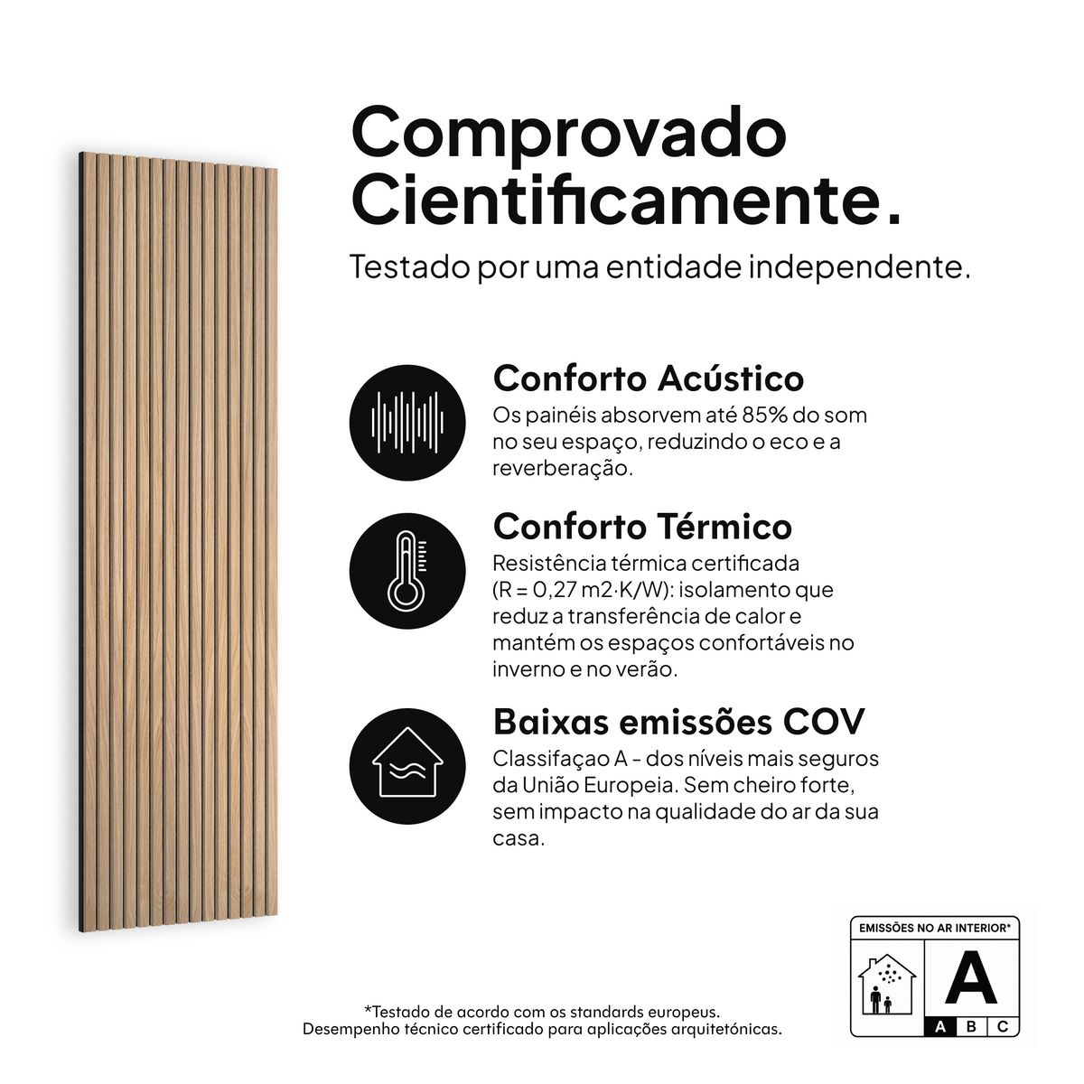 Painel acústico Carvalho Natural Feltro Preto — comprovado cientificamente: conforto acústico, conforto térmico e baixas emissões COV #lang:pt