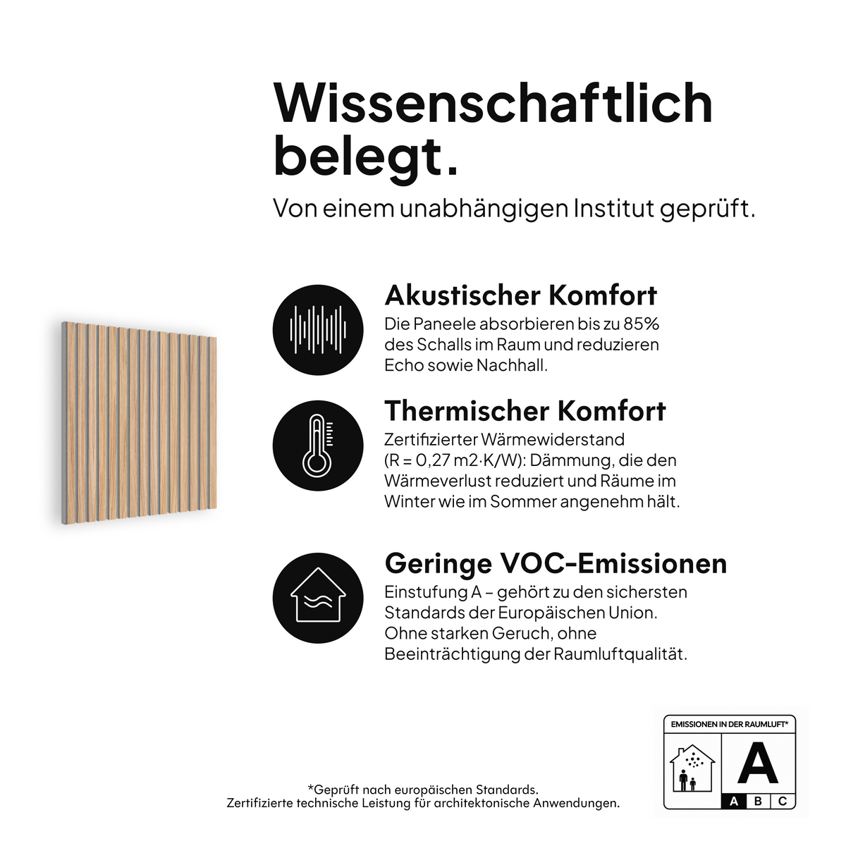 Akustikpaneel Natürliche Eiche Filz Grau — wissenschaftlich belegt: akustischer Komfort, thermischer Komfort und geringe VOC-Emissionen #lang:de