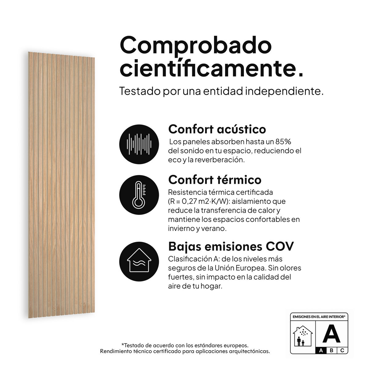 Panel acústico Roble Natural Núcleo Negro Fieltro Beige — comprobado científicamente: confort acústico, confort térmico y bajas emisiones COV #lang:es