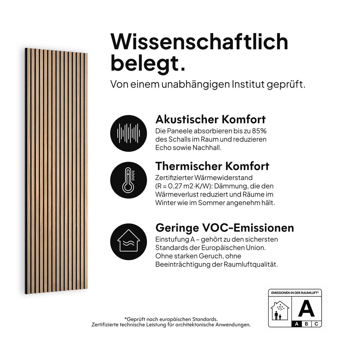 Akustikpaneel Natürliche Eiche Innenseite Schwarz Schwarzer Filz — wissenschaftlich belegt: akustischer Komfort, thermischer Komfort und geringe VOC-Emissionen #lang:de