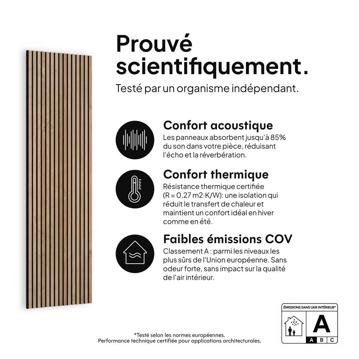 Panneau acoustique Chêne Rustique — prouvé scientifiquement : confort acoustique, confort thermique et faibles émissions COV #lang:fr
