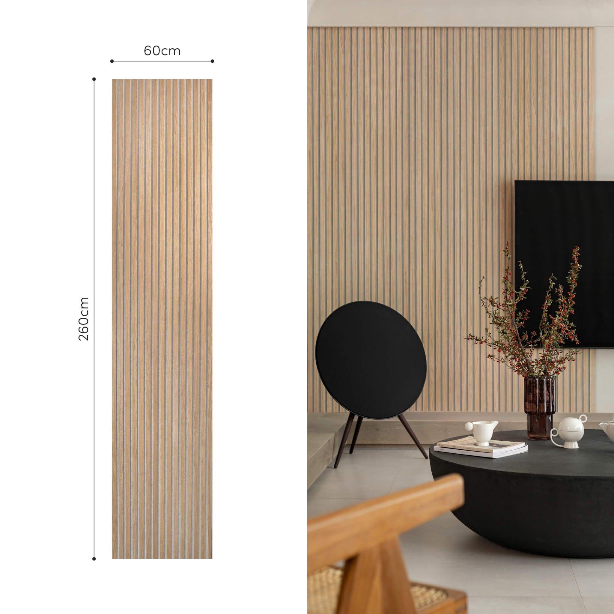 Painel Acústico Walleu 260 x 60cm | Carvalho Natural Feltro Cinza