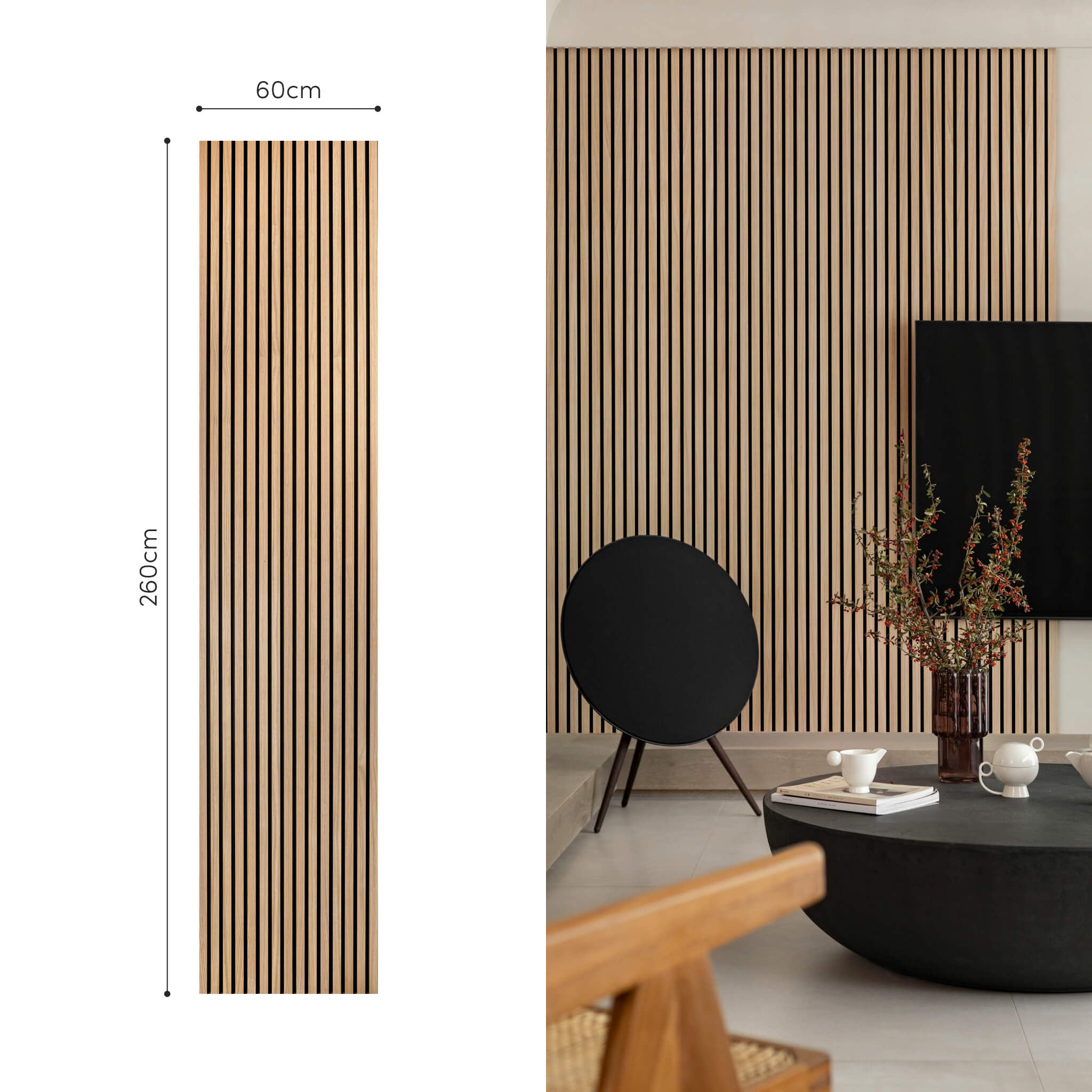 Painel Acústico Walleu 260 x 60cm | Carvalho Natural - Núcleo Preto - Feltro Preto