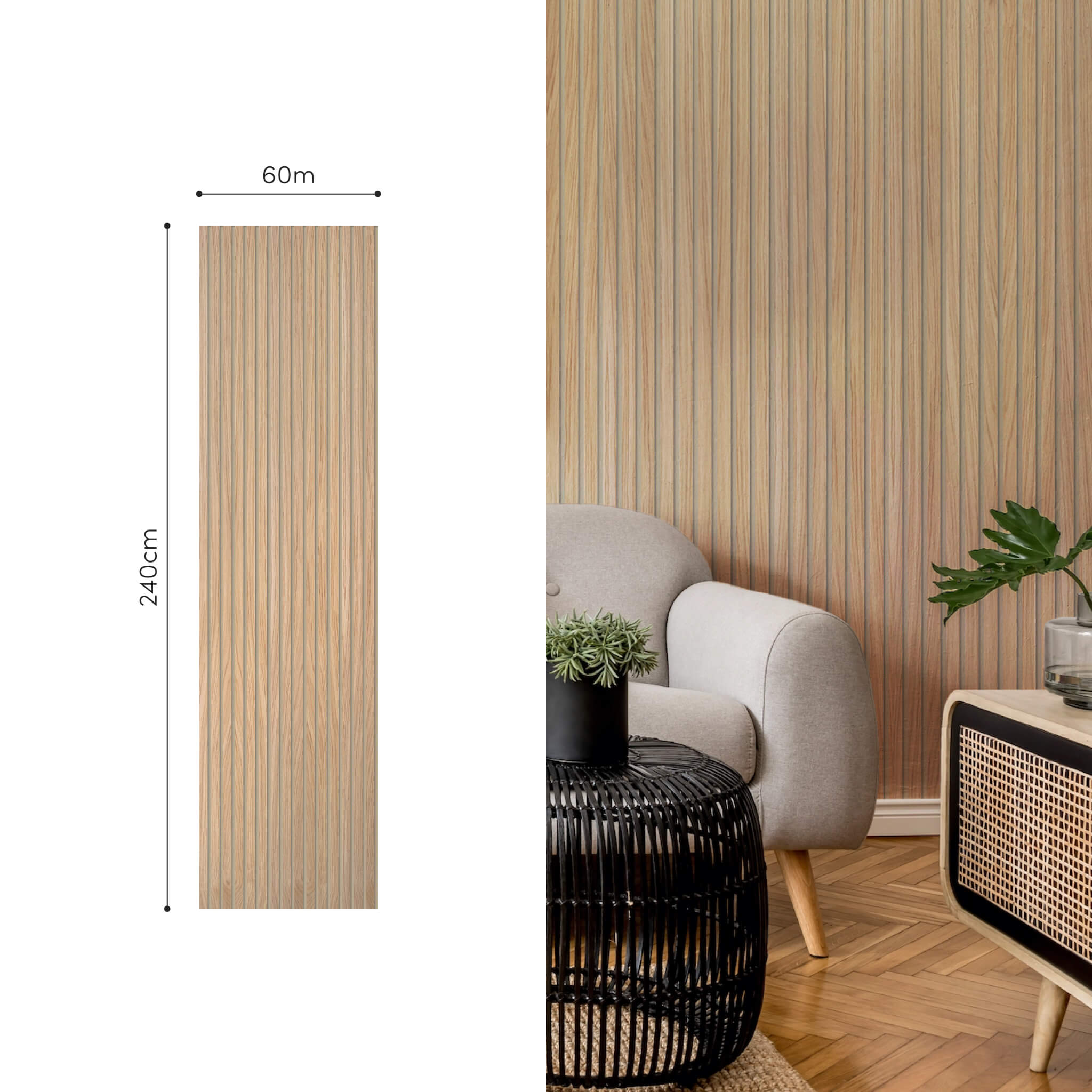 Akustikpaneele Walleu 240 x 60 cm | Natürliche Eiche - Innenseite Schwarz - Beige Filz