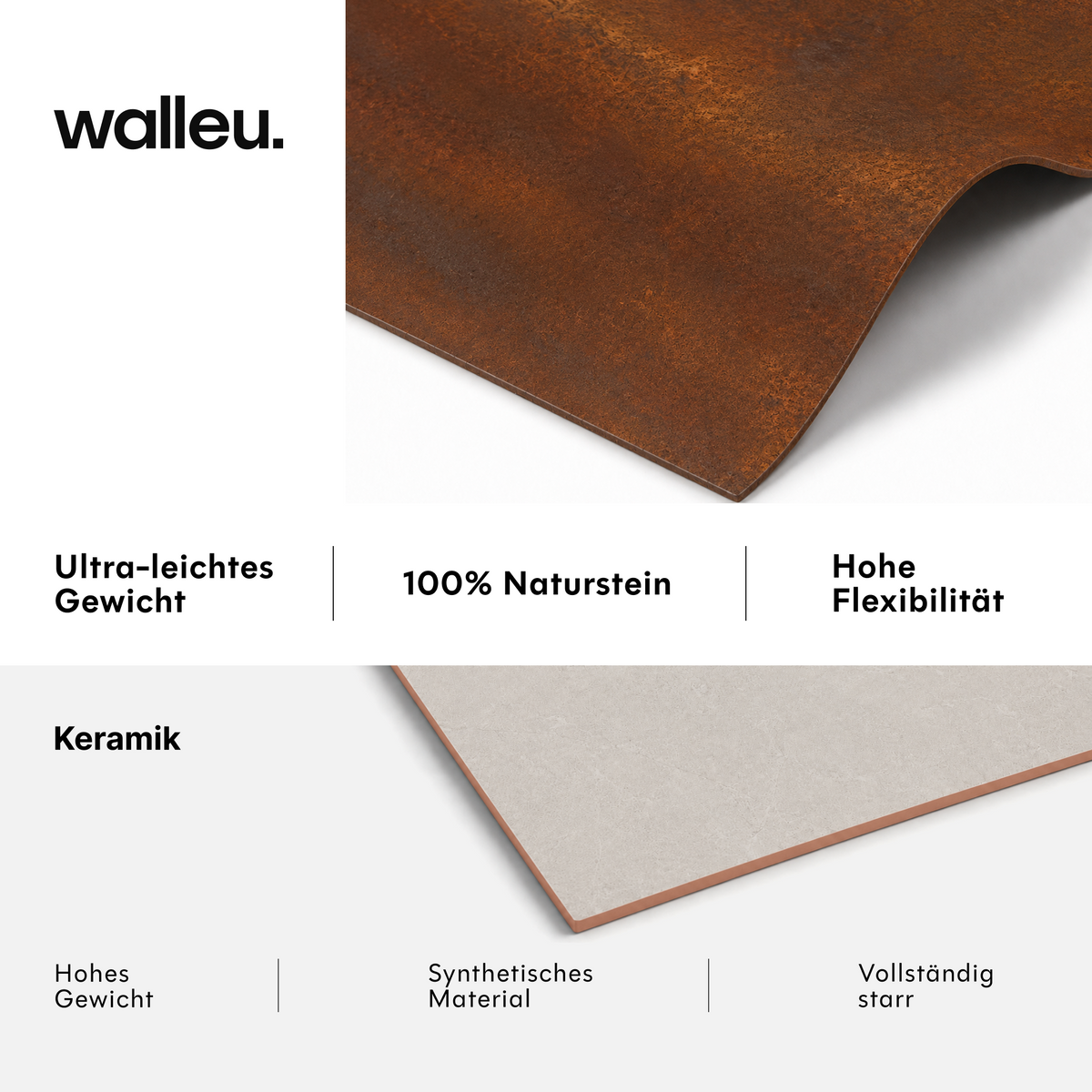 Vergleich: Walleu-Platte ultraleicht, 100 % Naturstein und flexibel vs. Keramik schwer, synthetisch und starr #lang:de