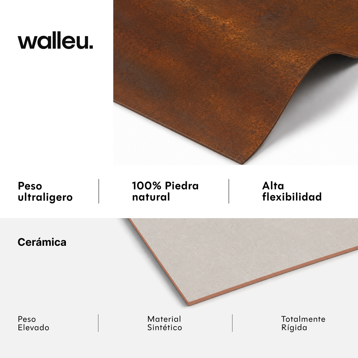 Comparativa: lámina Walleu ultraligera, 100% piedra natural y flexible vs cerámica pesada, sintética y rígida #lang:es