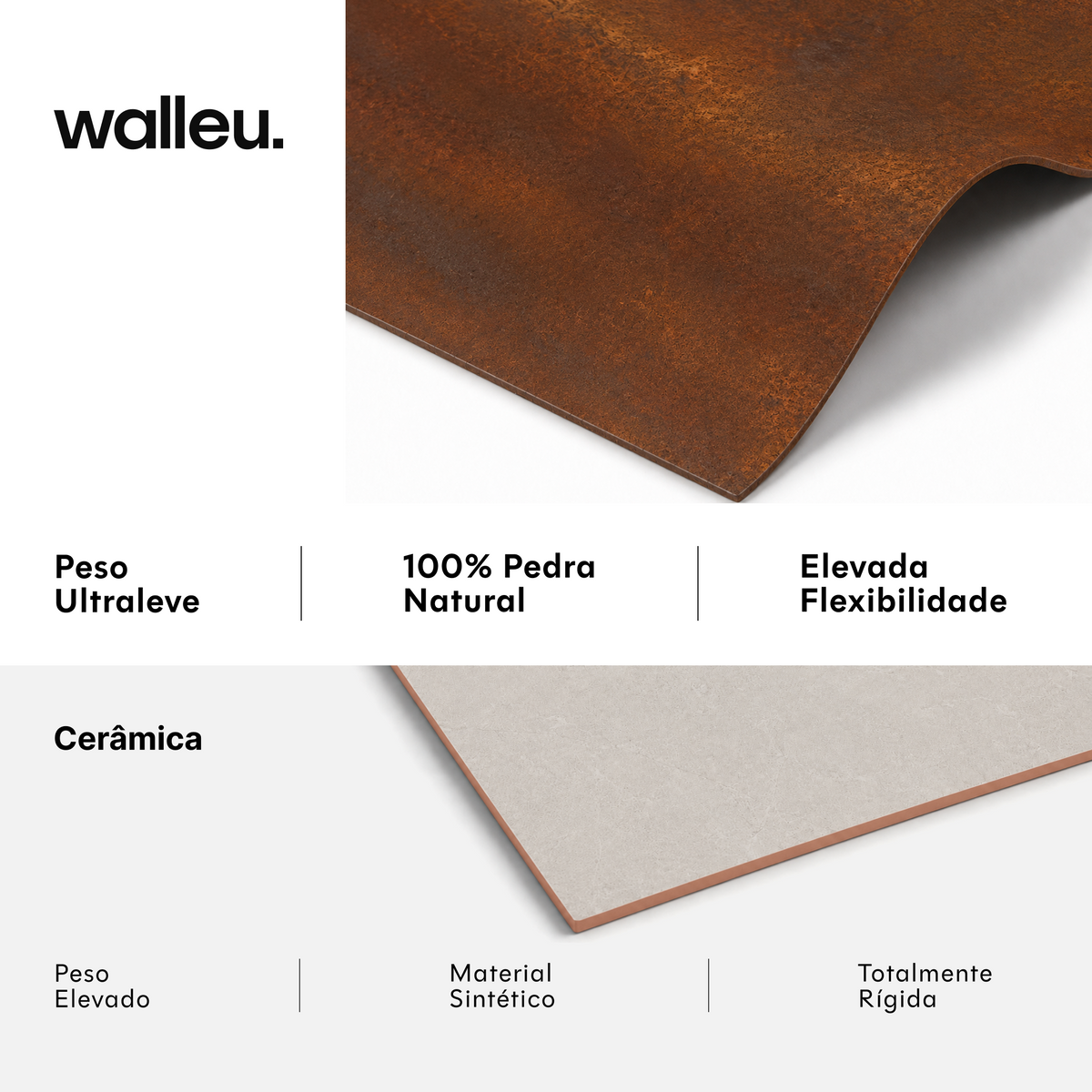 Comparação: folha Walleu ultraleve, 100% pedra natural e flexível vs cerâmica pesada, sintética e rígida #lang:pt