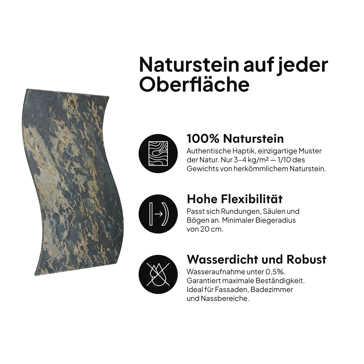 Naturstein auf jeder Oberfläche: 100 % Naturstein, hohe Flexibilität, wasserdicht und widerstandsfähig #lang:de