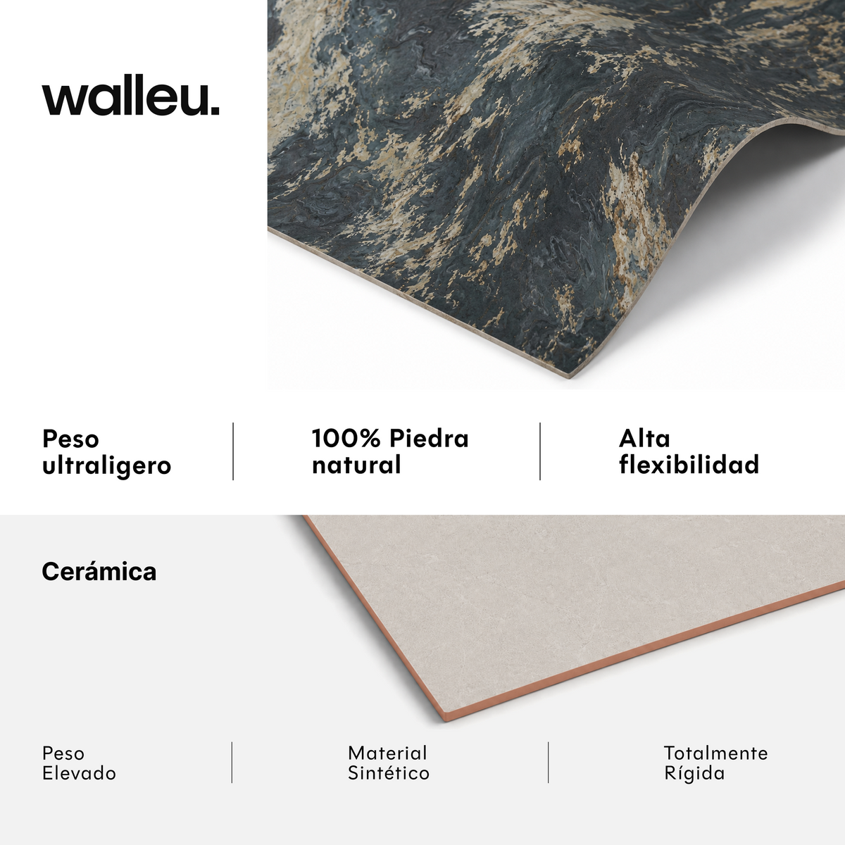 Comparativa: lámina Walleu ultraligera, 100% piedra natural y flexible vs cerámica pesada, sintética y rígida #lang:es