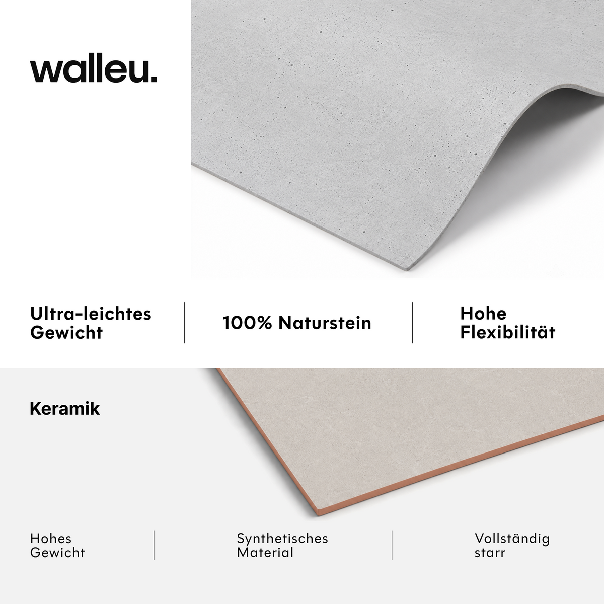 Vergleich: Walleu-Platte ultraleicht, 100 % Naturstein und flexibel vs. Keramik schwer, synthetisch und starr #lang:de