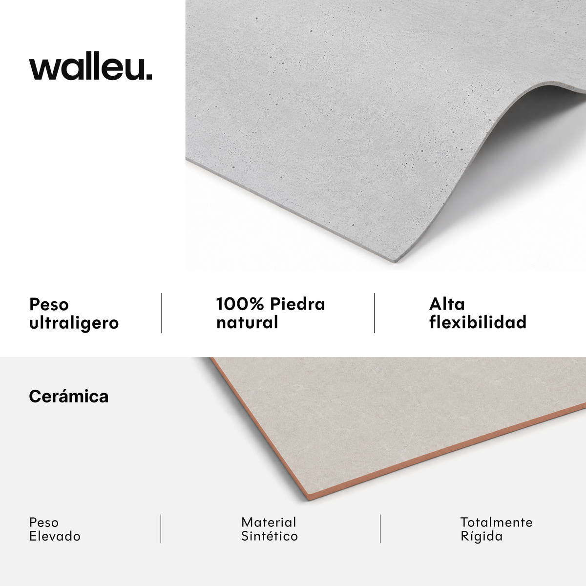 Comparativa: lámina Walleu ultraligera, 100% piedra natural y flexible vs cerámica pesada, sintética y rígida #lang:es