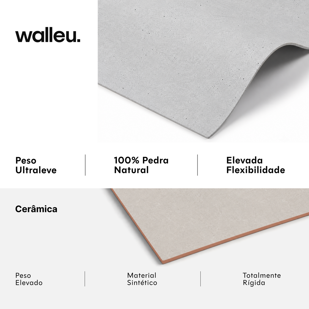 Comparação: folha Walleu ultraleve, 100% pedra natural e flexível vs cerâmica pesada, sintética e rígida #lang:pt