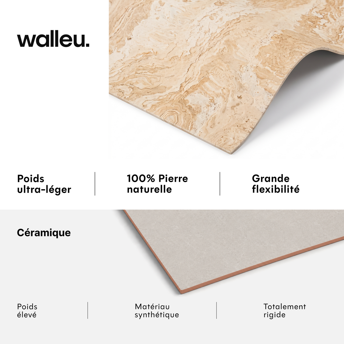 Comparatif : feuille Walleu ultralégère, 100 % pierre naturelle et flexible vs céramique lourde, synthétique et rigide #lang:fr