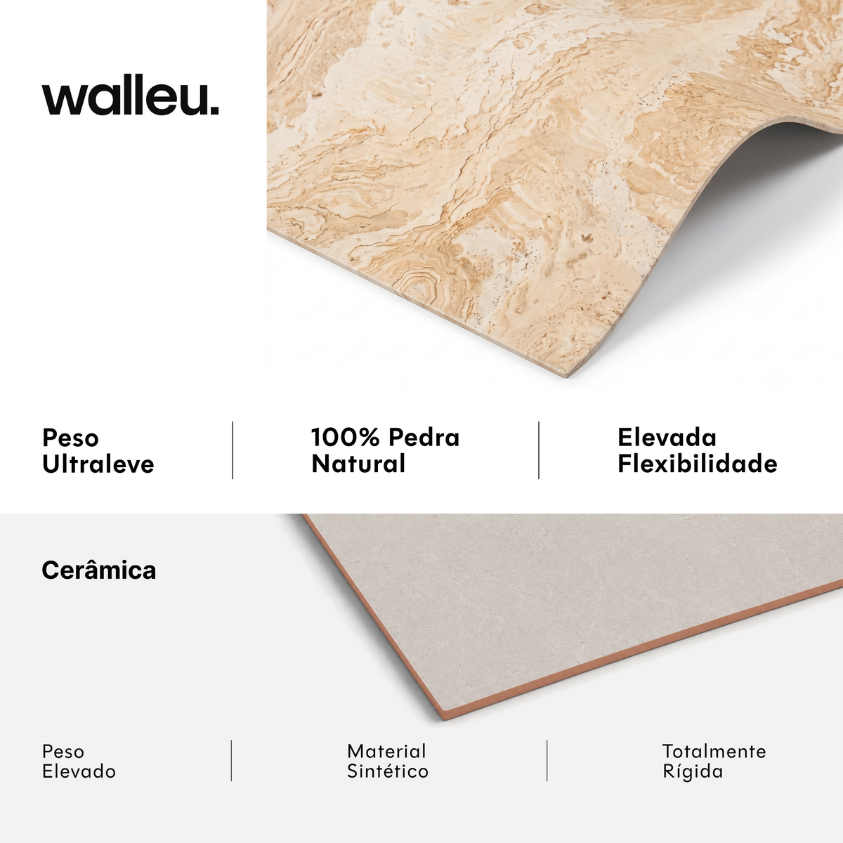 Comparação: folha Walleu ultraleve, 100% pedra natural e flexível vs cerâmica pesada, sintética e rígida #lang:pt