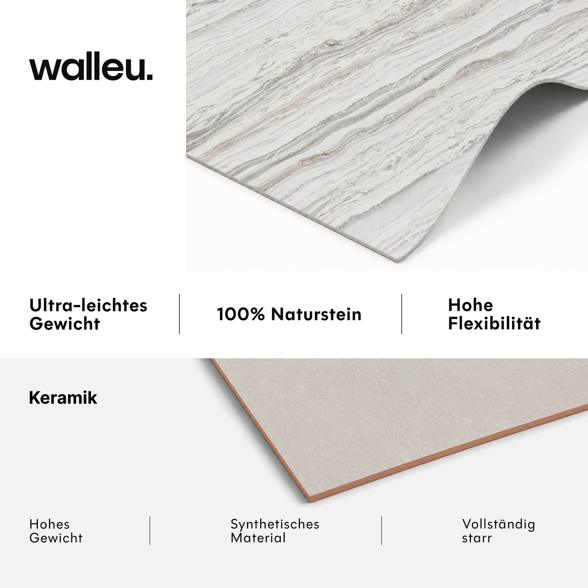 Vergleich: Walleu-Platte ultraleicht, 100 % Naturstein und flexibel vs. Keramik schwer, synthetisch und starr #lang:de