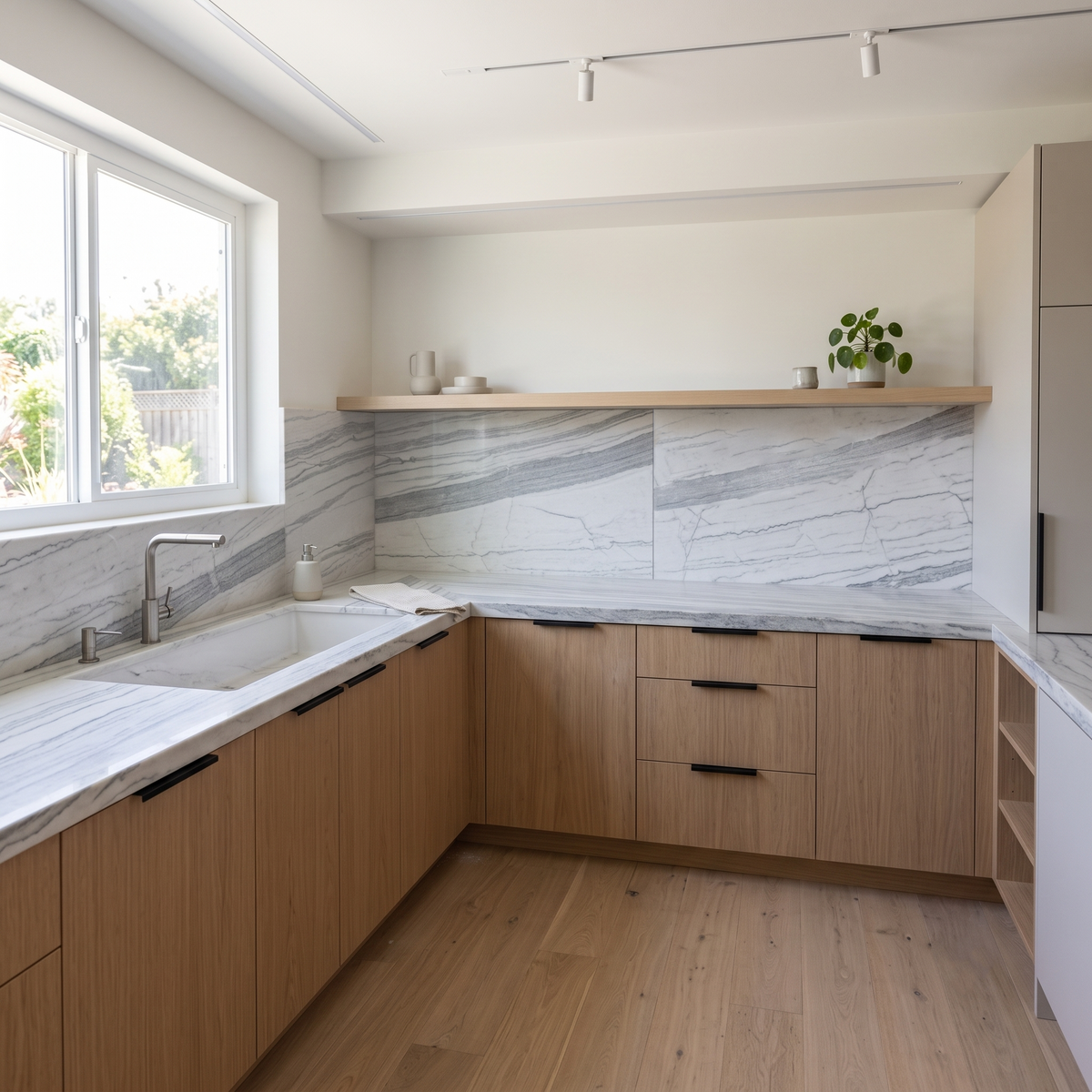 Mármore Fuji em cozinha — bancada e painel de parede