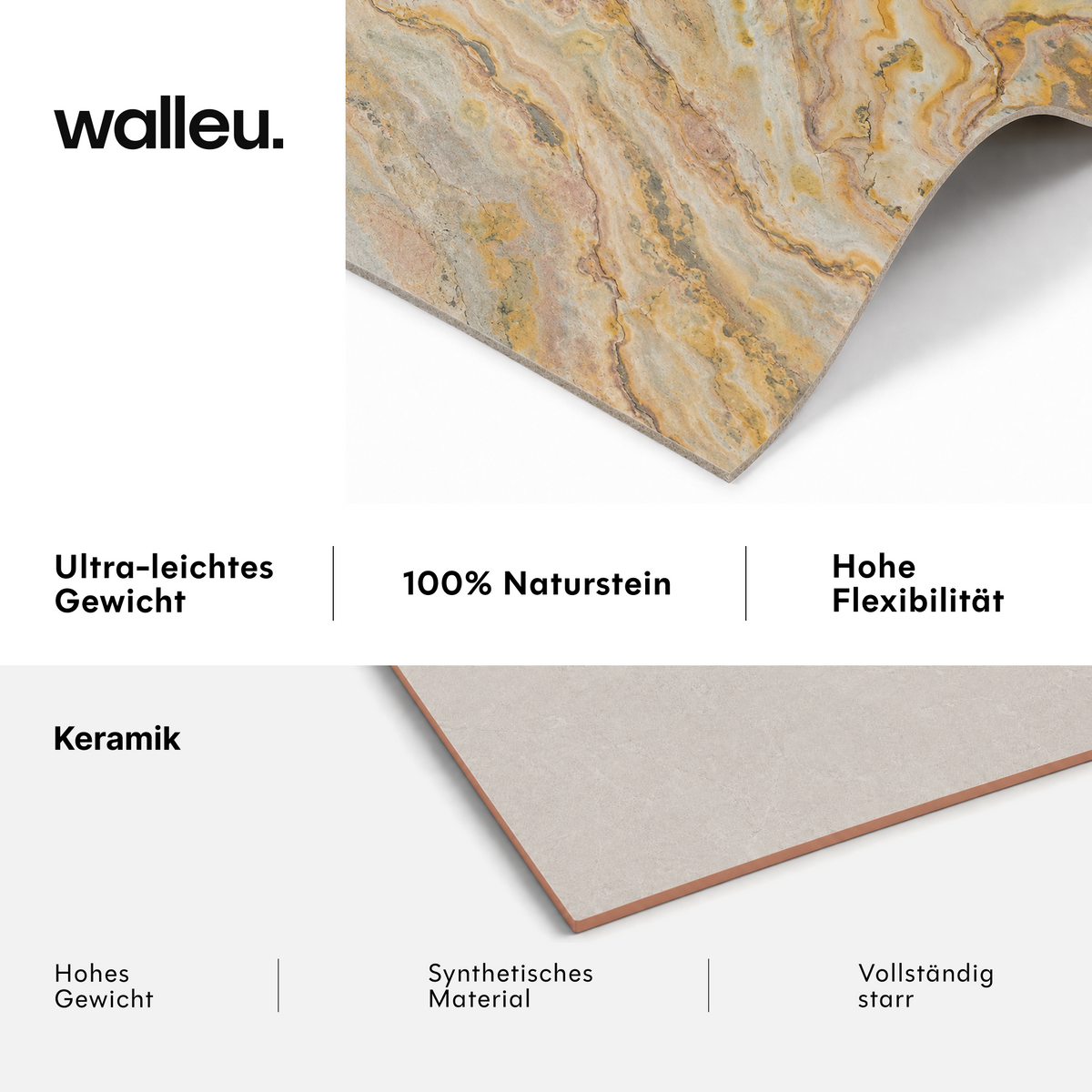 Vergleich: Walleu-Platte ultraleicht, 100 % Naturstein und flexibel vs. Keramik schwer, synthetisch und starr #lang:de