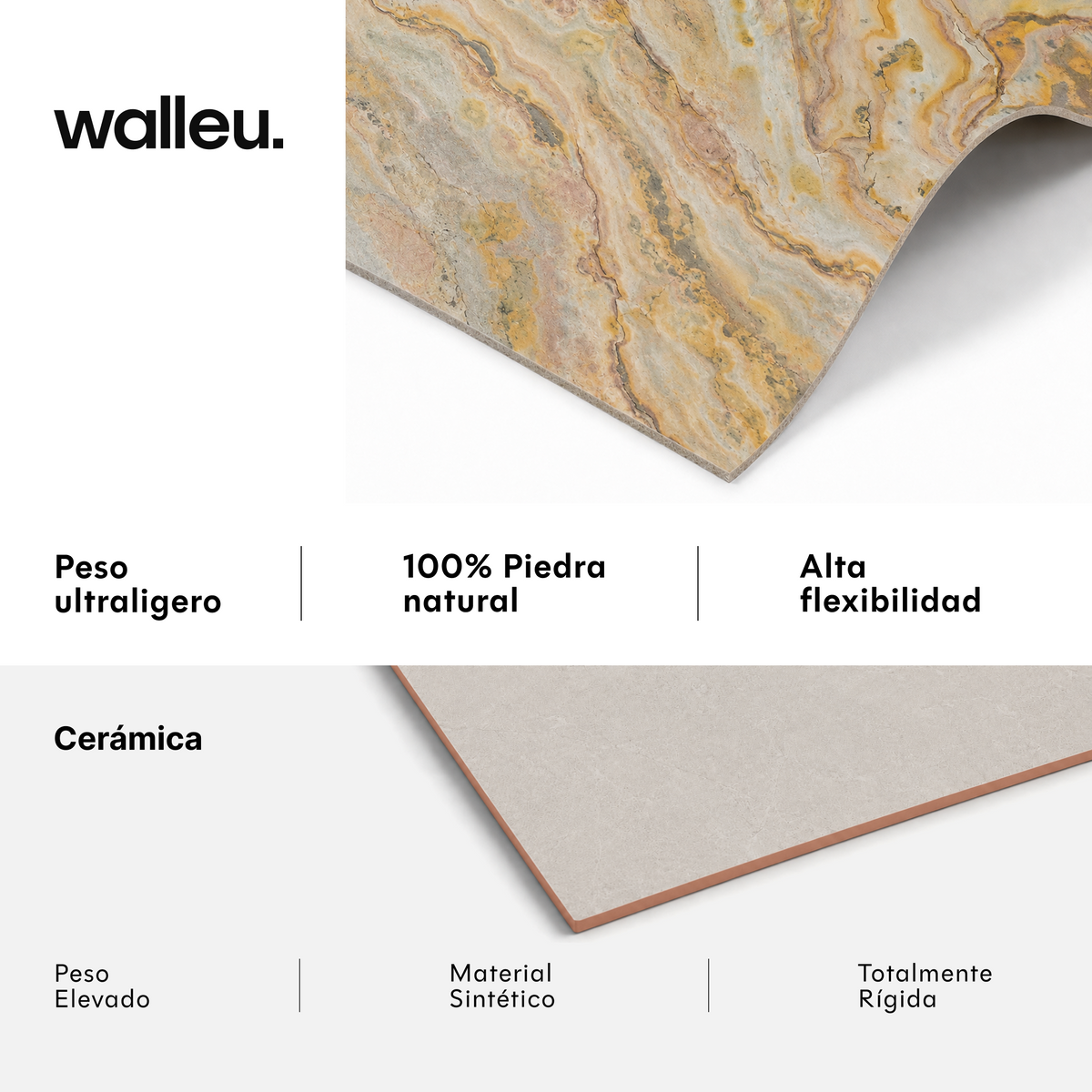 Comparativa: lámina Walleu ultraligera, 100% piedra natural y flexible vs cerámica pesada, sintética y rígida #lang:es