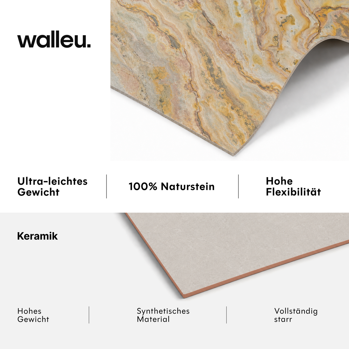 Vergleich: Walleu-Platte ultraleicht, 100 % Naturstein und flexibel vs. Keramik schwer, synthetisch und starr #lang:de