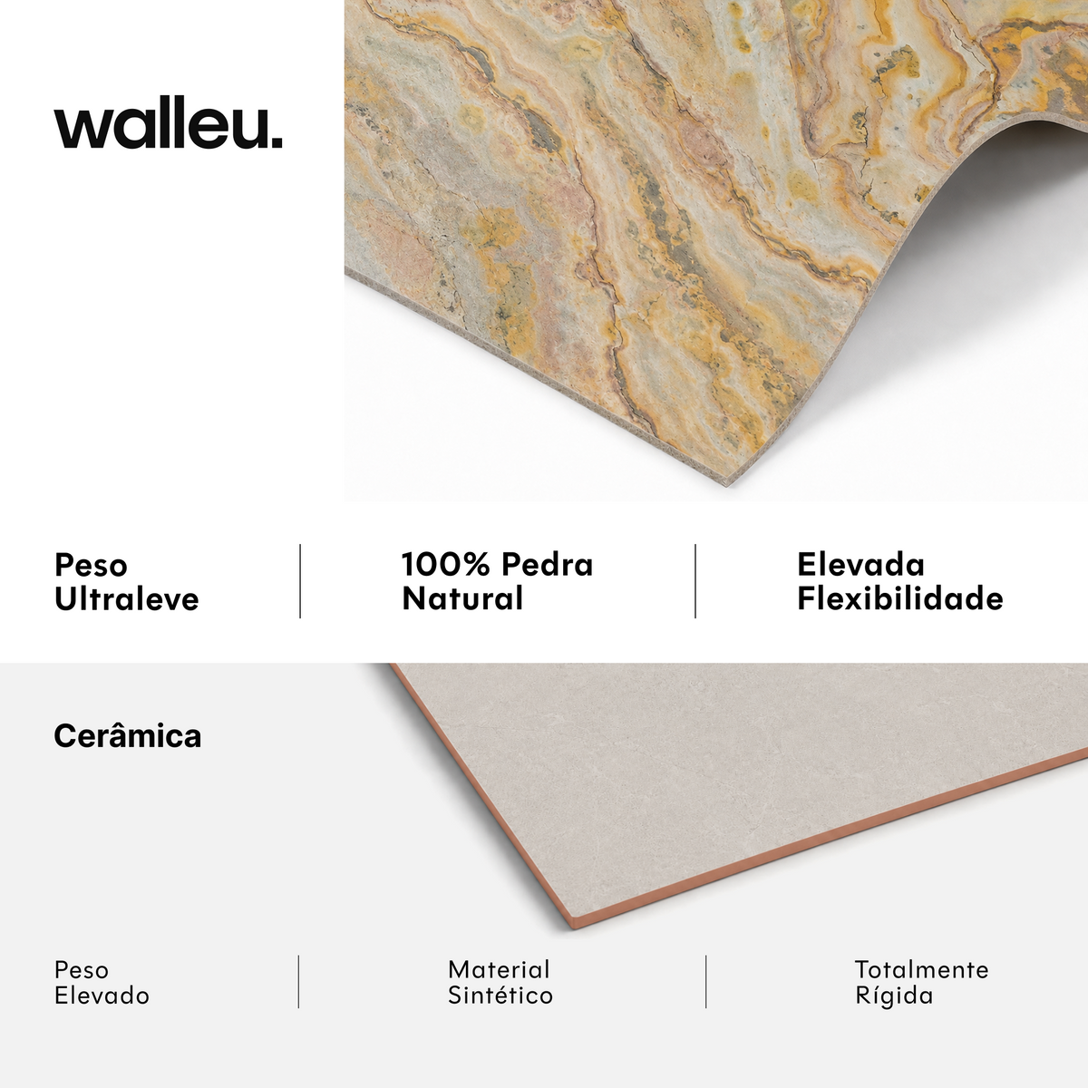 Comparação: folha Walleu ultraleve, 100% pedra natural e flexível vs cerâmica pesada, sintética e rígida #lang:pt