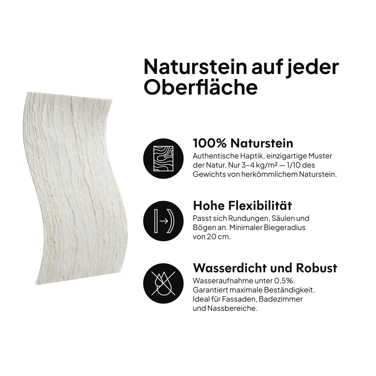 Naturstein auf jeder Oberfläche: 100 % Naturstein, hohe Flexibilität, wasserdicht und widerstandsfähig #lang:de