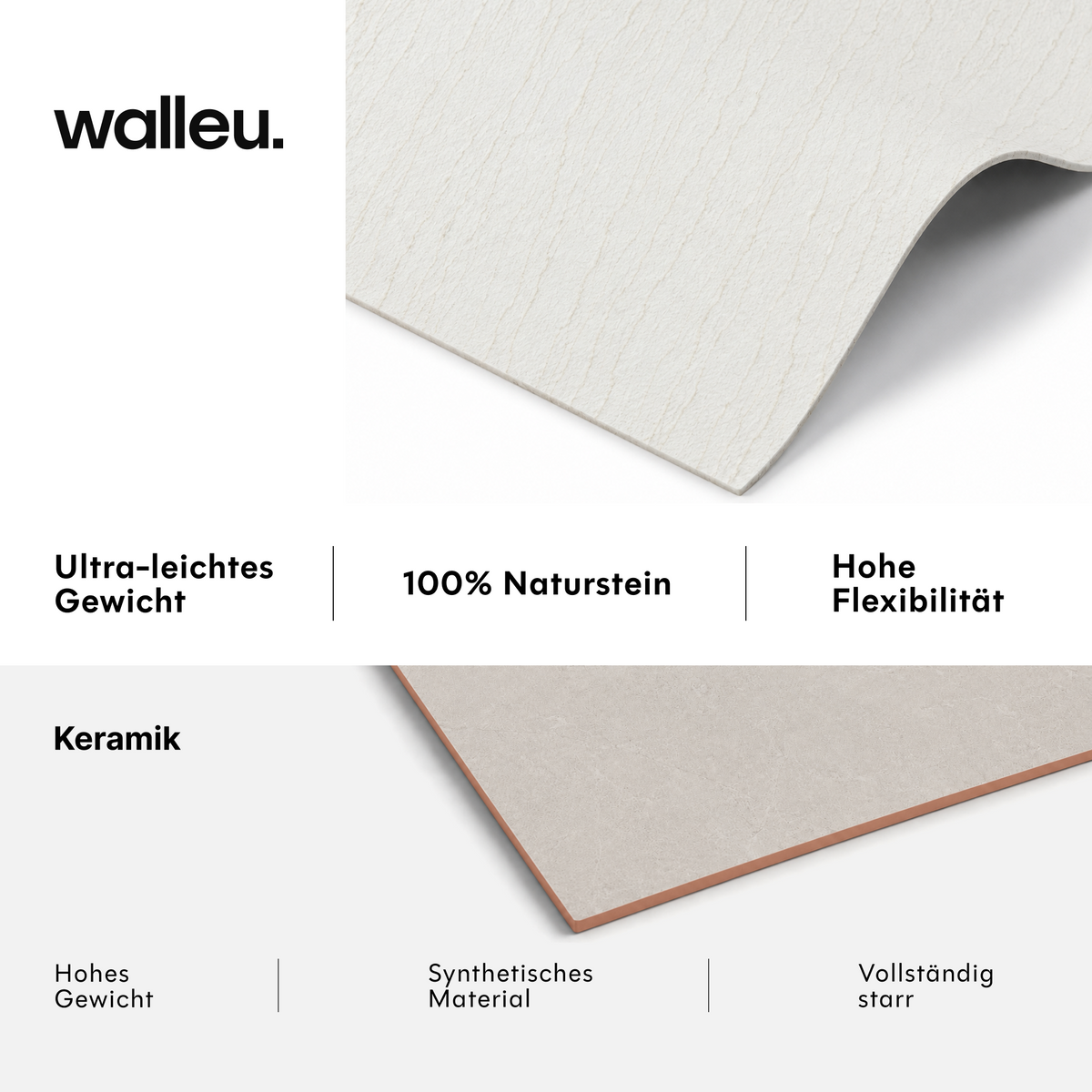 Vergleich: Walleu-Platte ultraleicht, 100 % Naturstein und flexibel vs. Keramik schwer, synthetisch und starr #lang:de