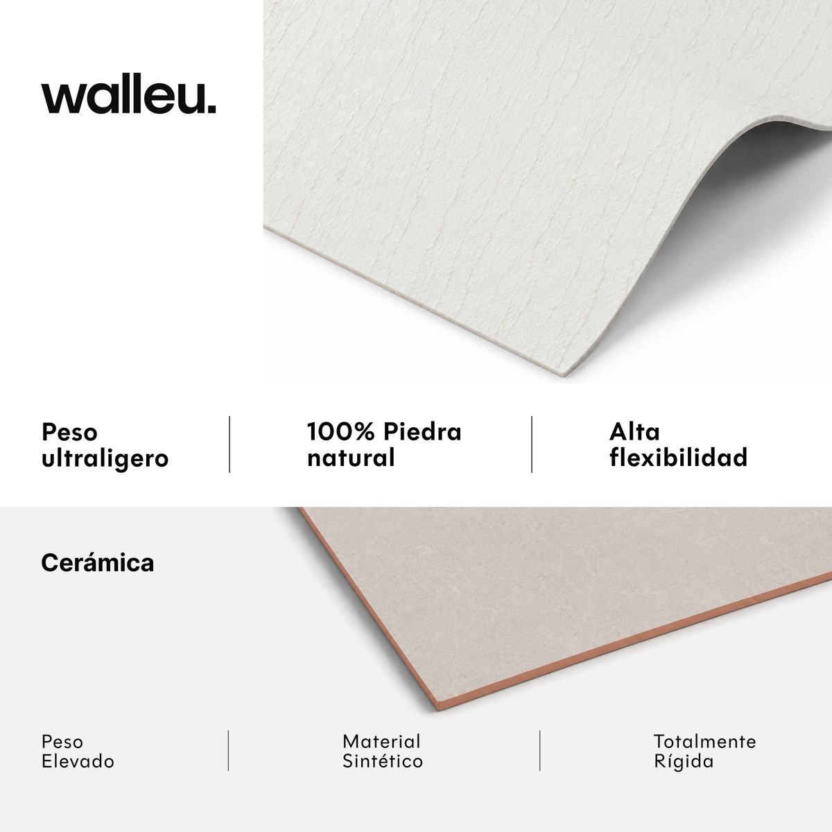 Comparativa: lámina Walleu ultraligera, 100% piedra natural y flexible vs cerámica pesada, sintética y rígida #lang:es