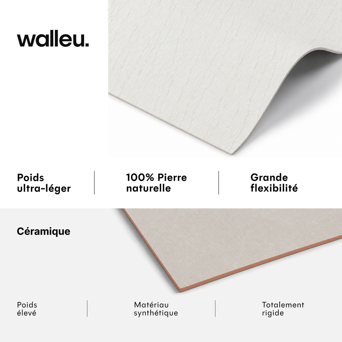 Comparatif : feuille Walleu ultralégère, 100 % pierre naturelle et flexible vs céramique lourde, synthétique et rigide #lang:fr